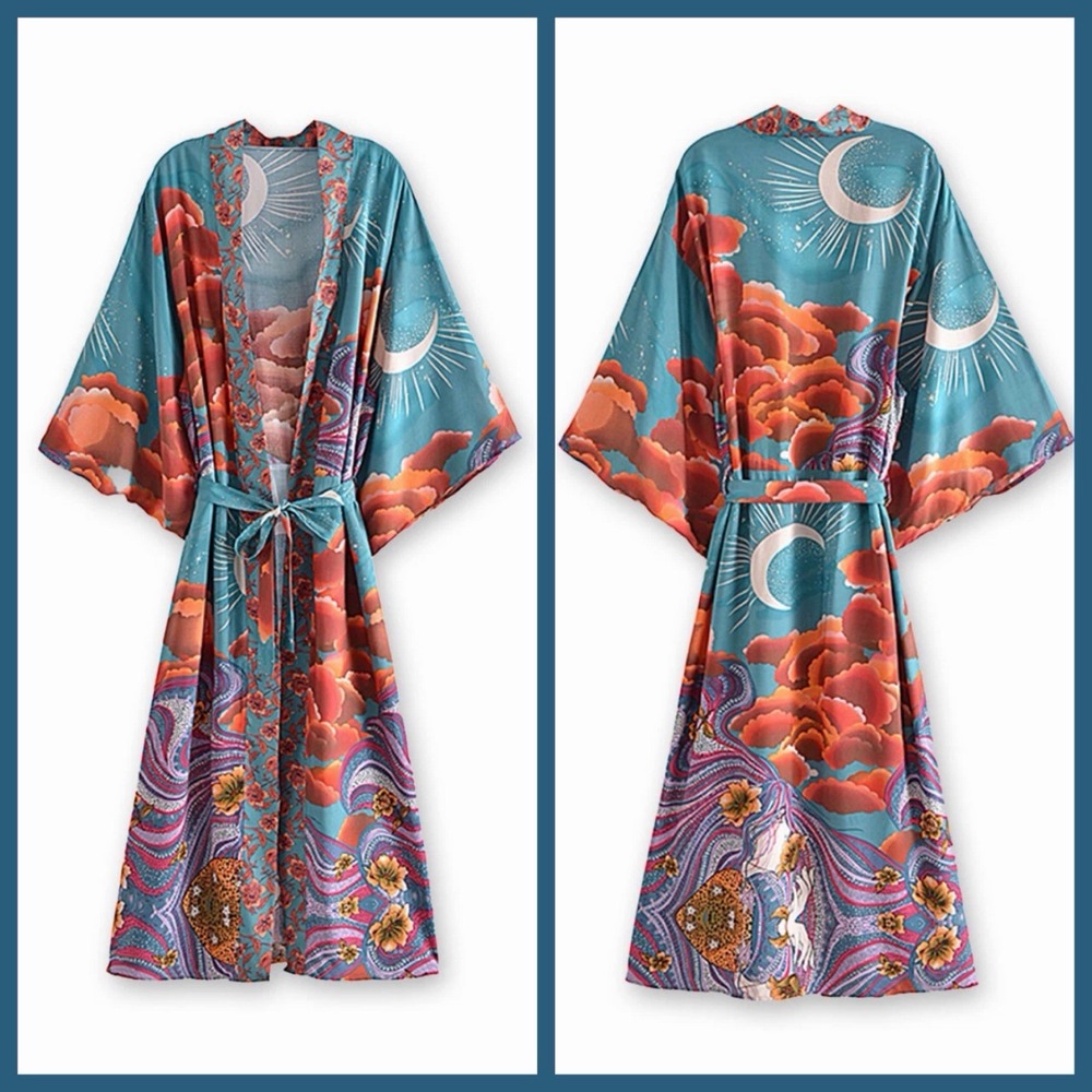 Moonstruck Teal Gypsy Goddess Maxi Kimono Robe L • Coverup Celestial Boho Mystic